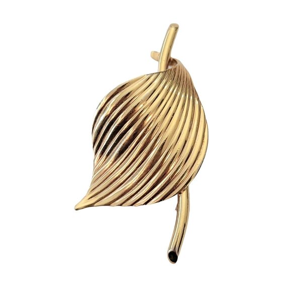 Gold Tone Vintage Ribbed Minimal Leaf Branch Brooch Pin E962 - Picture 4 of 10